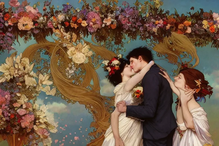 Image similar to the groom kisses the bride at a wedding full of flowers, bright and happy, dreamlike art, highly detail, 4 k realistic, wedding photoy krenz cushart. artem demura. alphonse mucha. yoji shinkawa artgerm. jon lothian. danilo torres. adi meyers. thomas reimann. gaston bussiere.