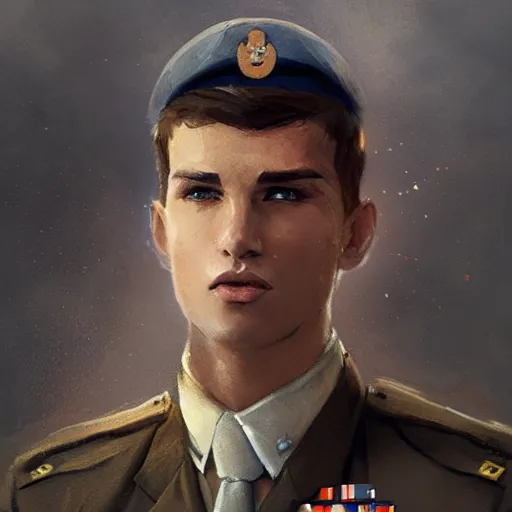 Image similar to Young man with brown hair and blue eyes, wearing a military uniform, by Greg Rutkowski, 9x16 aspect ratio, trending on artstation