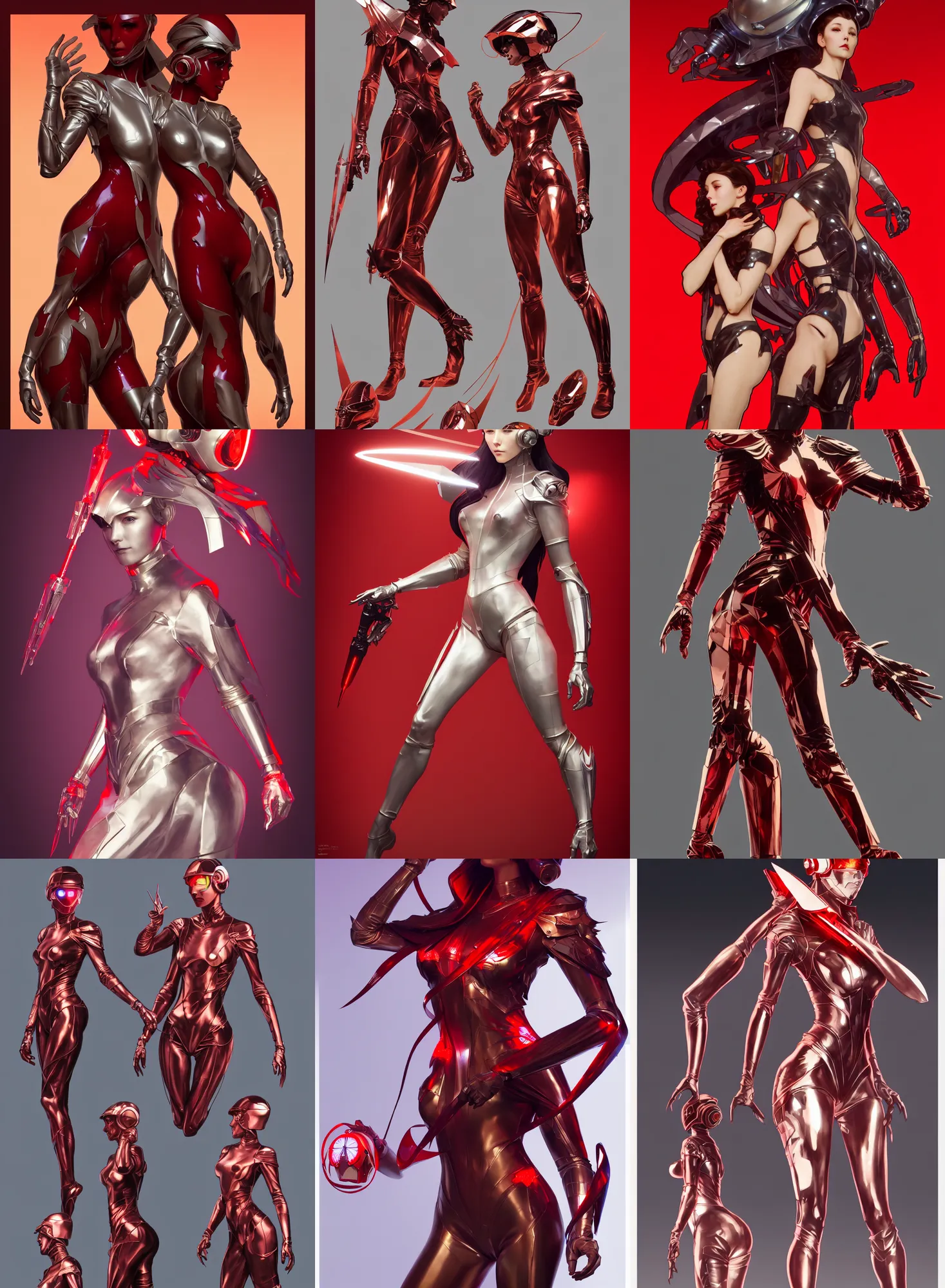 Prompt: a full body character design by artgerm, cushart krenz, greg rutkowski and alphonse mucha. sci - fi dagger. laser red and translucent plastic tape project show attctive showgirl!! sci - fi helmet!! sharp edges. ultra clear detailed. contour light effect!! 8 k. ultra detailed, elegant, intricate, octane render.