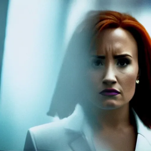 Prompt: close-up of Demi Lovato as Dana Scully in an X-Files movie directed by Christopher Nolan, movie still frame, promotional image, imax 35 mm footage