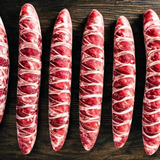 Prompt: Different types of salami on wooden board on black wooden table