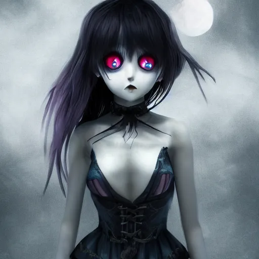 Image similar to full shot portrait of angry darkness anime girl at moonlight, gothic wearing, worrying eyes, inspired by Tim Burton, detailed, unreal engine 4k volumetric light, fog,