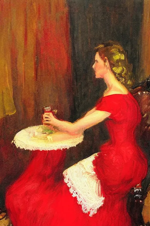 Image similar to a red dress laid across a chair in a dark victorian era room. in the style of american impressionism painting. triadic color scheme