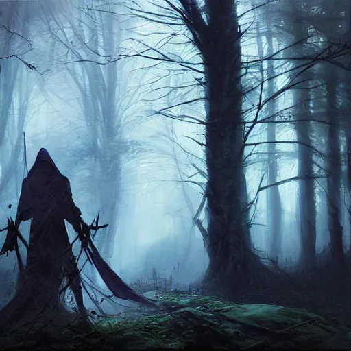 Image similar to ''cinematic shot'' dark hooded mage ( spectre ) using his magic to create zombies in the dead forest with leaves falling simetrical 8 k atmosferic realistic made by ivan aivazovsky, peter mohrbacher, greg rutkowski volumetric light effect broad light oil painting painting fantasy art style sci - fi art style realism premium prints available artwork unreal engine