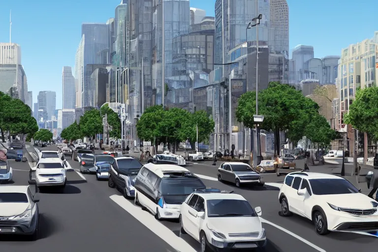 Image similar to street view of a city in 2020, cars and traffic