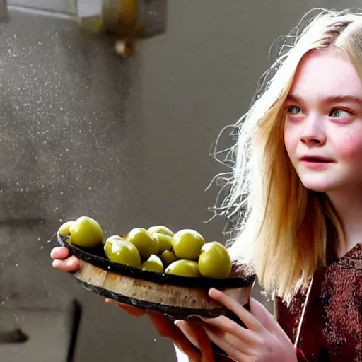 Prompt: Elle Fanning’s face emerges from a barrel filled with olives in oil