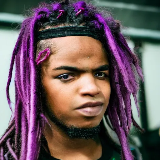 Image similar to a boy with purple dread hair, in trap show, close up