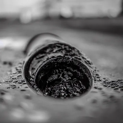 Image similar to mysterious black slime, black gooey liquid leaking out of crashed cargo ship, apocalyptic, ruined, 8 5 mm f / 1. 4