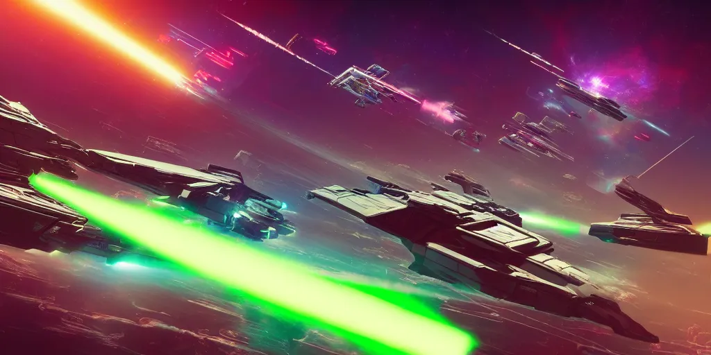 Image similar to synthwave spaceship battle in space, firing green lasers and destroying another ship, science fiction digital art, award winning, trending on artstation, digital art. highly detailed 8 k. intricate. lifelike.