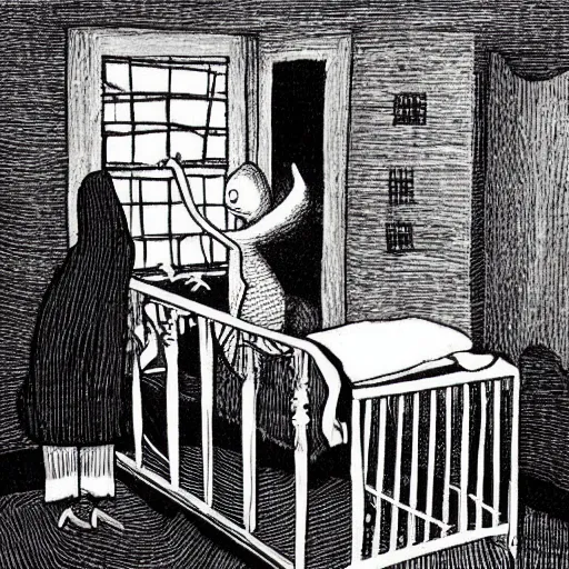 Prompt: “slenderman standing over a girl in a crib, style of Edward Gorey”