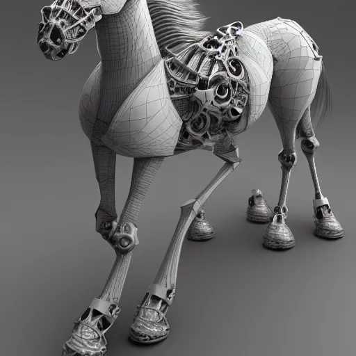 Image similar to biomechanical horse made of marble and crystal, fractal 3 d structure, intricate details, octane render, soft lighting