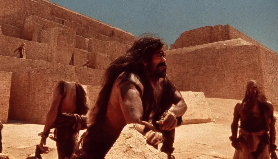 Prompt: dramatic movie stills by pasolini of javier bardem as gilgamesh sumerian king at a ziggurat, sumerian epic movie with sumerian monsters, fights, cinestill 8 0 0 t eastmancolor technicolor, high quality, very detailed, heavy grain, fine facial features, 8 k, octane render