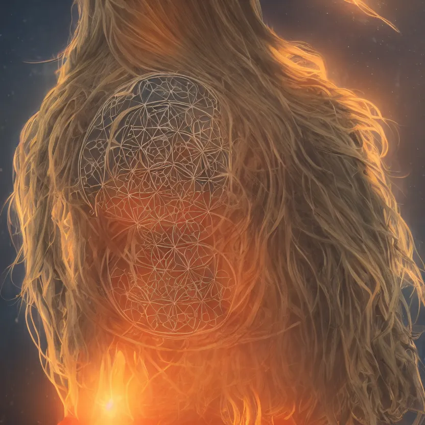 Image similar to closeup portrait of a beautiful guard with wavy blonde hair seen from the back in front of a dystopian (orange fog) merkabah flower of life cyberpunk ultra realistic 4K