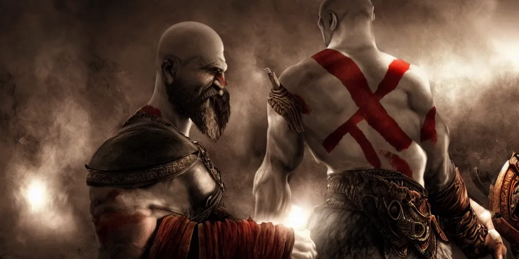 Prompt: kratos the god of war looking in the mirror, cinematic composition and lighting