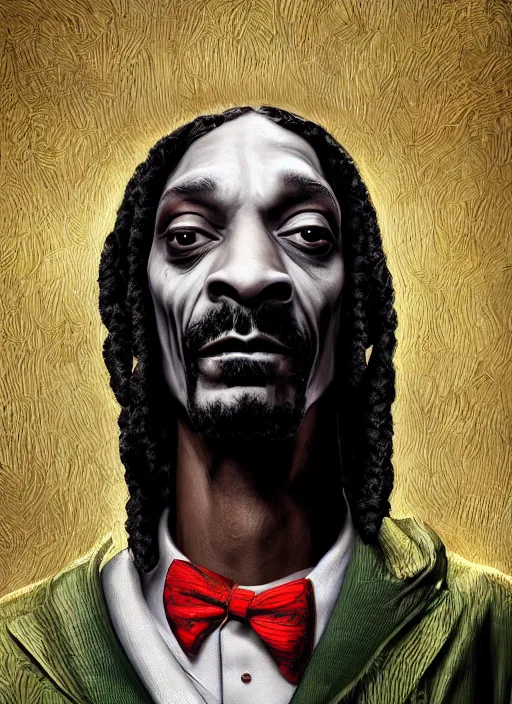 Image similar to snoop dogg is the joker, hyper detailed, digital art, trending in artstation, cinematic lighting, studio quality, smooth render, unreal engine 5 rendered, octane rendered, art style by klimt and nixeu and ian sprigger and wlop and krenz cushart.