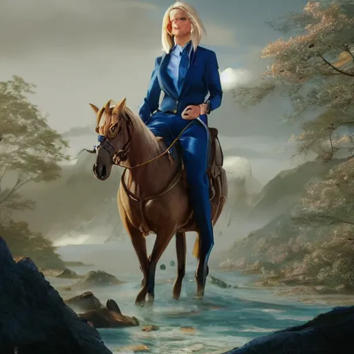 Prompt: luxury advertisement, a highly detailed uncropped epic cinematic concept art CG render digital painting artwork: a blond female accountant in a blue suit with glasses riding in a saddle on a horse. By Greg Rutkowski, Ilya Kuvshinov, WLOP, Stanley Artgerm Lau, Ruan Jia and Fenghua Zhong, trending on ArtStation, made in Maya, Blender and Photoshop, octane render, excellent composition, cinematic atmosphere, dynamic dramatic cinematic lighting, aesthetic, very inspirational, arthouse