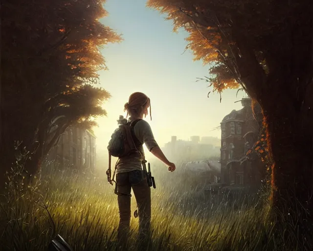 Image similar to highly detailed portrait of jessie buckley, in the last of us, stephen bliss, unreal engine, fantasy art by greg rutkowski, loish, rhads, ferdinand knab, makoto shinkai and lois van baarle, ilya kuvshinov, rossdraws, tom bagshaw, global illumination, radiant light, detailed and intricate environment