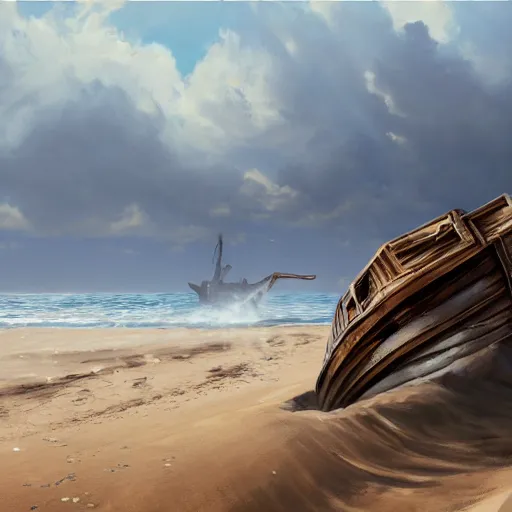 Image similar to shipwreck on a sandy beach on a sunny day? highly detailed, trending on artstation, award winning