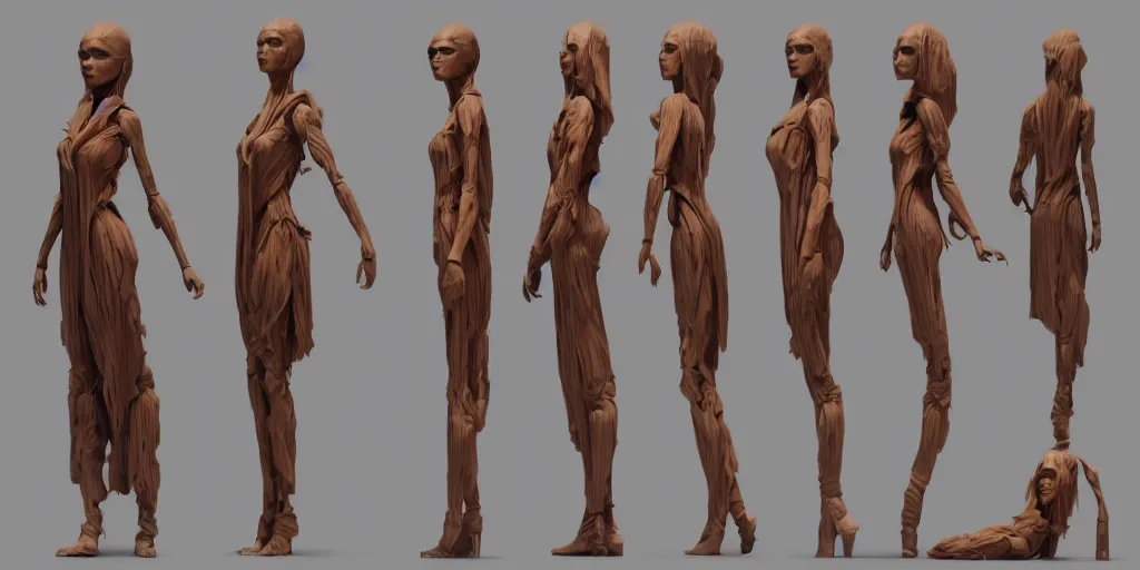 Image similar to wooden woman design, character sheet, 3d render, Greg Rutkowski, Zabrocki, Karlkka, Jayison Devadas, Phuoc Quan, trending on Artstation, 8K, ultra wide angle, zenith view, pincushion lens effect