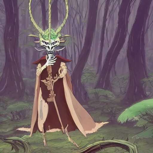 Prompt: concept art painting of an anthropomorphic dragon king with black robes, a long neck, and skull mask, in a deep forest, cel shaded, in the style of makoto shinkai and james gurney and studio ghibli and moebius