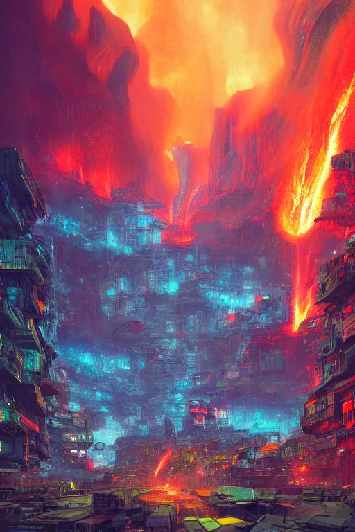 Image similar to a cyberpunk city in the crater of a volcano, lava flowing, smoke, fire, neon, clubs, festival, lasers, industrial, by paul lehr, jesper ejsing