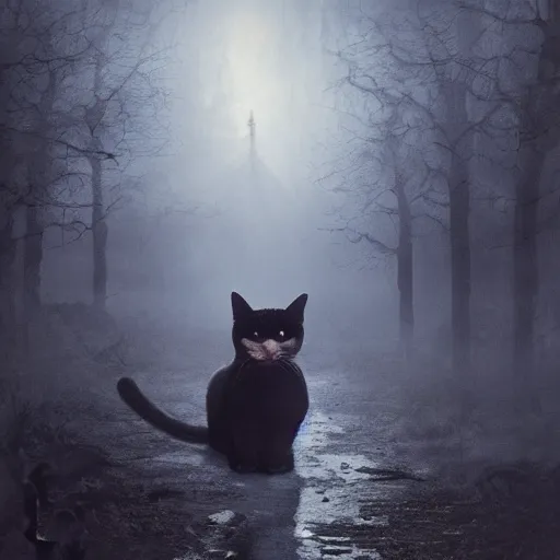 Prompt: a cat in a world full of ghosts, professional photo, professional lighting, trending on artstation, hdr, by albert bierstadt, well detailed, horror in the style of stephen king, dark, mysterious, sinister