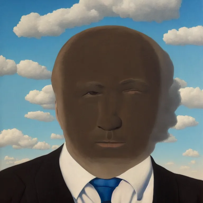 Image similar to portrait of a faceless shadow - head man in a suit, clouds in the background, by rene magritte, detailed painting, distance, middle centered, hd, hq, high resolution, high detail, 4 k, 8 k