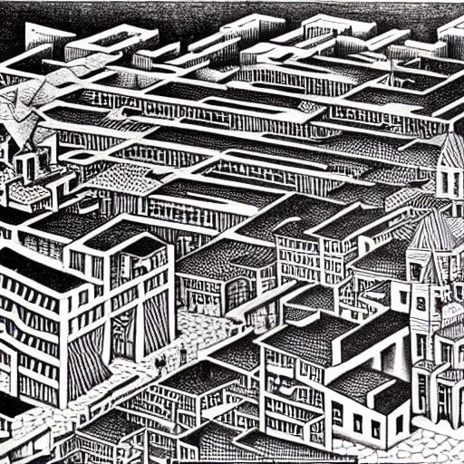 Image similar to a huge foot in the middle of a tiny city, by m. c. escher