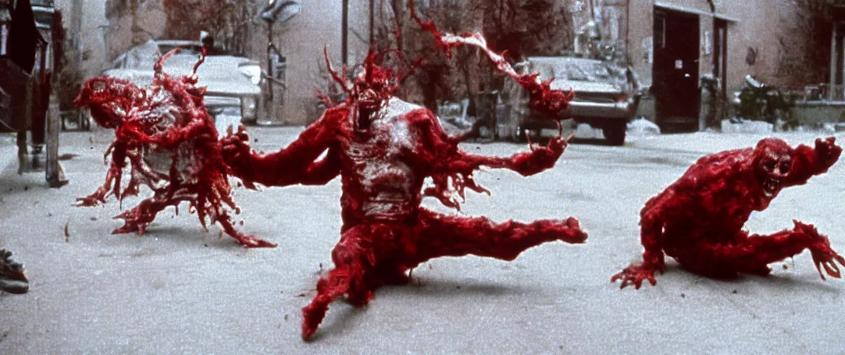 Image similar to filmic extreme wide shot dutch angle movie still 35mm film color photograph of a soccer ball demon attacking a doctor, blood splattering, in the style of The Thing 1982 horror film