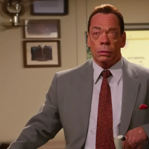 Image similar to Jean Claude Vandamme as Pam on the office show, cinematic still, high quality,