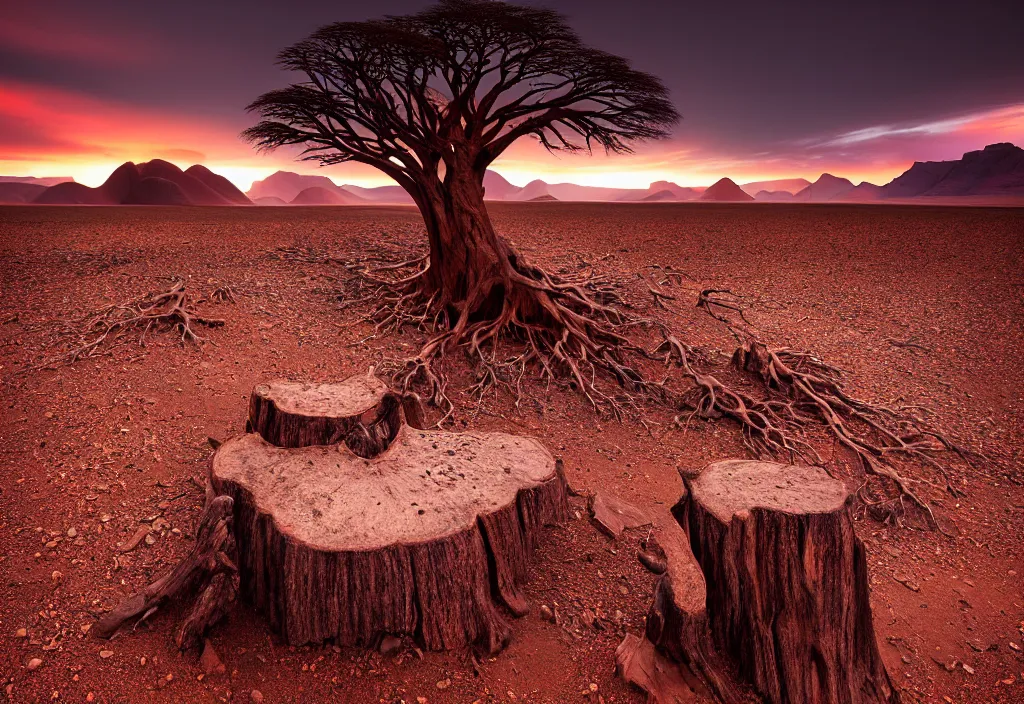 Prompt: amazing landscape photo of the Namib landscape with mountains in the distance and a dead tree stump on the rocks in the foreground by marc adamus, beautiful dramatic lighting, 16mm wide angle lens