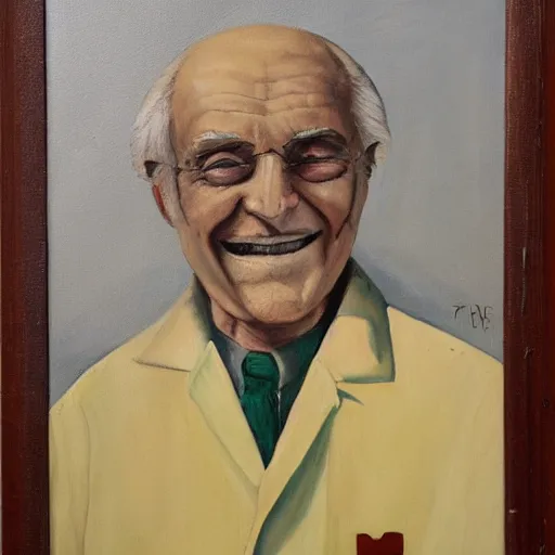 Image similar to a painting of a smiling old man wearing medical appliances