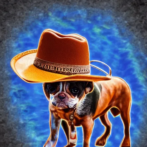 Image similar to a cute dog wearing a cowboy hat, deep dream