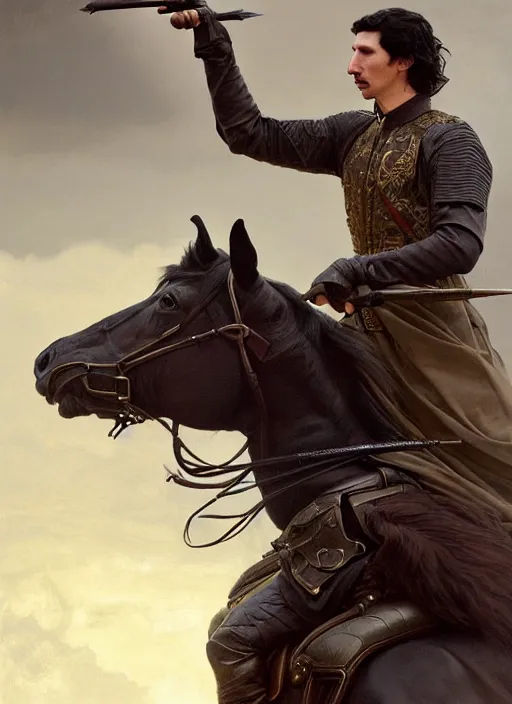 Image similar to painting of stoic king adam driver riding on horse together with his best friend john oliver, full body, military uniform, fantasy, intricate, elegant, beautiful, highly detailed, charcoal, centered, dark, smokey, digital painting, artstation, concept art, smooth, sharp focus, illustration, art by artgerm and greg rutkowski and alphonse mucha