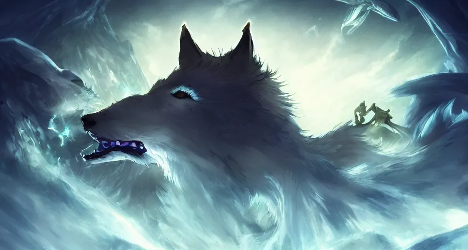 Prompt: wolf, the rapture, enlightenment, holy scene, environment design, beautiful, mysterious, magical, concept art, league of legends splash art, gold and white highlights, ghibli, dramatic lighting, backlighting, epic scale