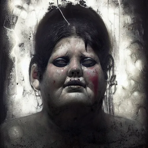 Image similar to portrait of the face of big fat old sumoringer as despair from sandman, venus of willendorf, by jeremy mann, by gregory crewdson, by bastien lecouffe deharme, by russ mills, sad face, topknot, black hair, mourning, black eyes, white room, soft lightning, high detailed, 8 k