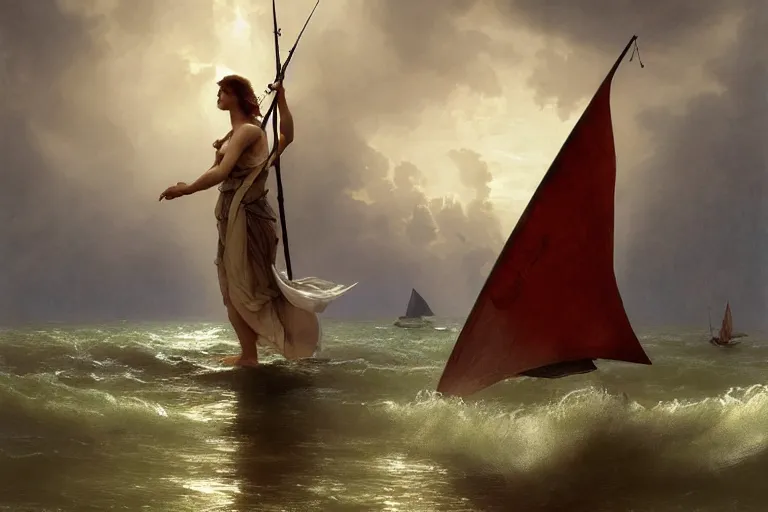 Image similar to ancient historically accurate depiction of Bible Character walking on water during a storm, a small fishing sailboat with scared sailors on board, dramatic lighting by frank miller, illustration by Ruan Jia and Mandy Jurgens and William-Adolphe Bouguereau, Artgerm, 4k, digital art, surreal, space dandy style, highly detailed, godsend, artstation, digital painting, concept art, smooth, sharp focus, illustration by Ruan Jia and Mandy Jurgens and William-Adolphe Bouguereau, Artgerm