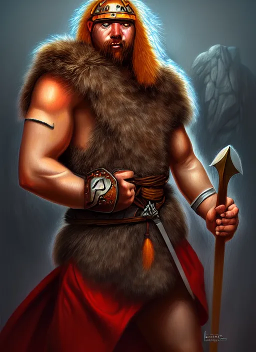 Prompt: a portrait of meoguard human male barbarian!!, fantasy, dungeons and dragons, an ultrafine detailed painting, detailed painting, boris valejo.