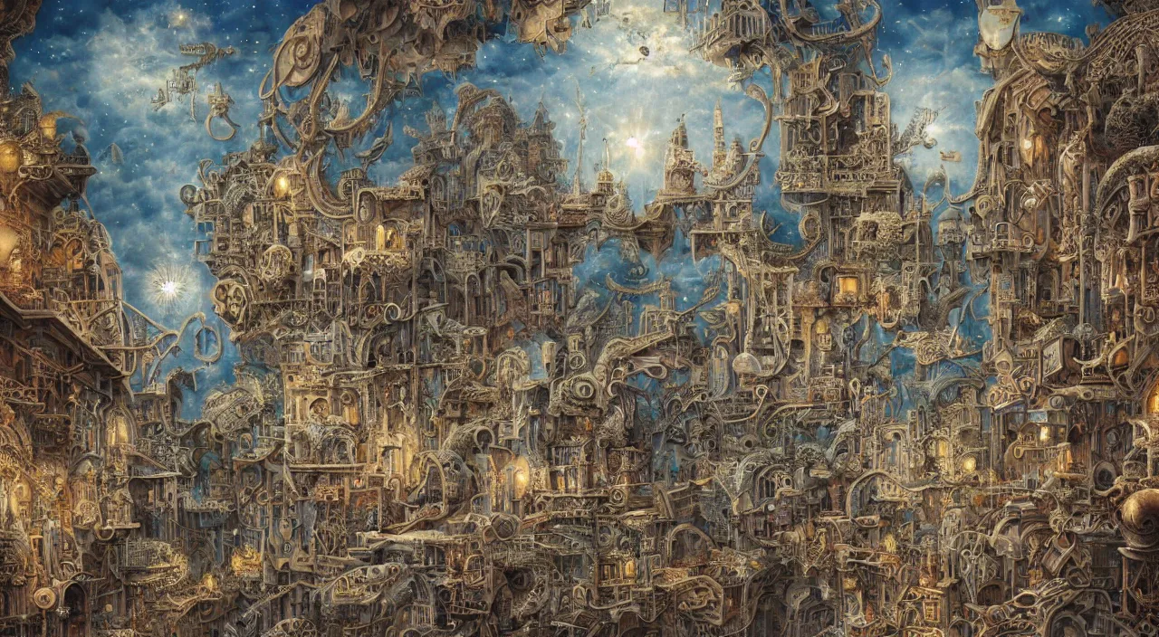 Image similar to pastel colours, guido borelli da caluso, richard dadd, smooth paper with detailed line work, Mandelbulb, Exquisite detail perfect symmetrical, silver details, hyper detailed, bold intricate ink illustration, smooth textures, steampunk, smoke, neon lights, starry sky, steampunk city, liquid polished metal, by jesper ejsing