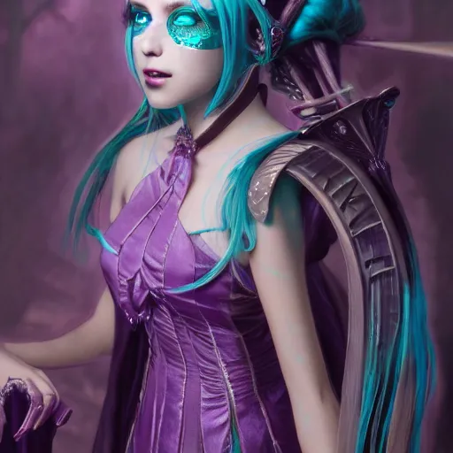 Image similar to an extremely detailed matte painting hatsune miku as a vampire queen in a resplendant and beautiful purple dress as a masquerade ball, epic fantasy, viewed in profile from far away, sharp focus, detailed face, art by greg rutkowski and alphonse mucha, volumetric lighting, 4 k resolution, artstation