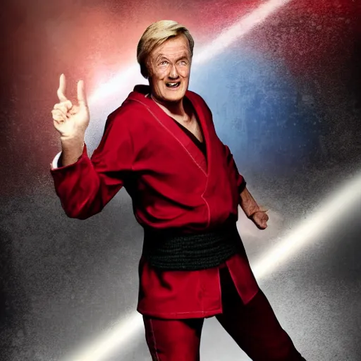 Image similar to action shot of ken barlow from coronation Street dressed as ken from Street fighter, ultra realistic, detailed, cinematic, concept art, digital art,