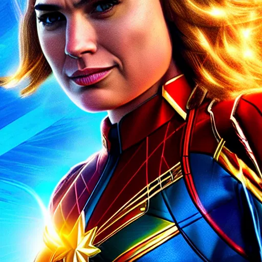 Image similar to a potrait of gal gadot as Captain Marvel by Zack Snyder, 8k photorealistic, cinematic lighting, HD, high details, dramatic, trending on artstation, view from above