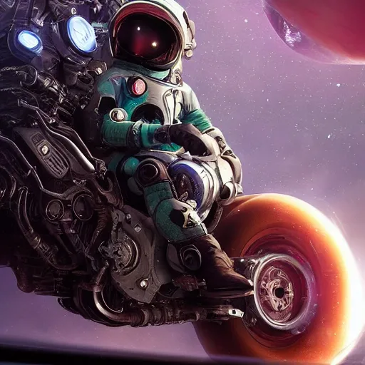 Image similar to portrait of a squid monster astronaut riding a space motorcycle, full body portrait, well lit, intricate abstract. cyberpunk, intricate artwork, by Tooth Wu, wlop, beeple. octane render, trending on artstation, greg rutkowski very coherent symmetrical artwork. cinematic, hyper realism, high detail, octane render, 8k, minimalistic, hyperrealistic surrealism, award winning masterpiece with incredible details, a surreal vaporwave liminal space, highly detailed, trending on ArtStation