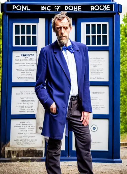 Image similar to dslr photo portrait still of hugh laurie as doctor who in front of the tardis, 8 k, 8 5 mm f 1. 4