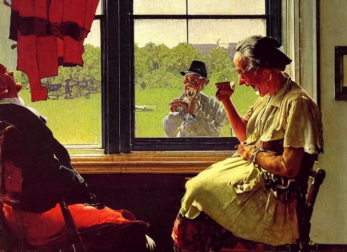 Image similar to a laughing man sitting by the window, a slim woman in the background, norman rockwell