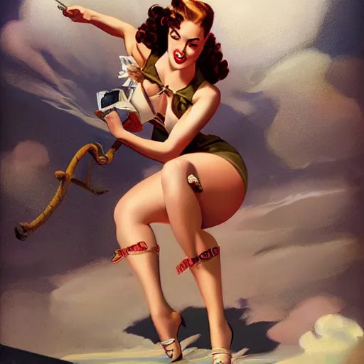 Image similar to a pinup by gil elvgren and charlie bowater.