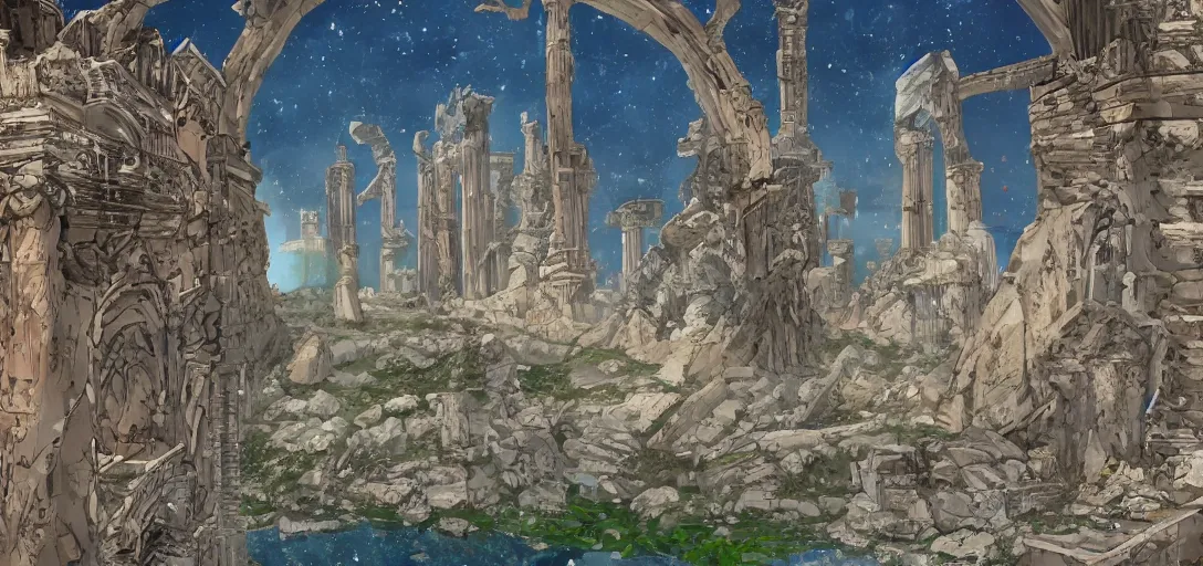 Image similar to The ruins of the Silver Millennium on the moon from Sailor Moon, digital painting, Earth in the distance, Greek-esque columns and ruins