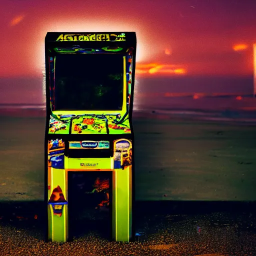 Prompt: an abandoned arcade machine on the beach at night. photograph in the style of simon stalenhag