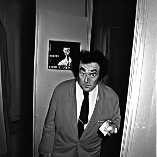 Prompt: grainy photo of detective columbo as a creepy monster in a closet, harsh flash