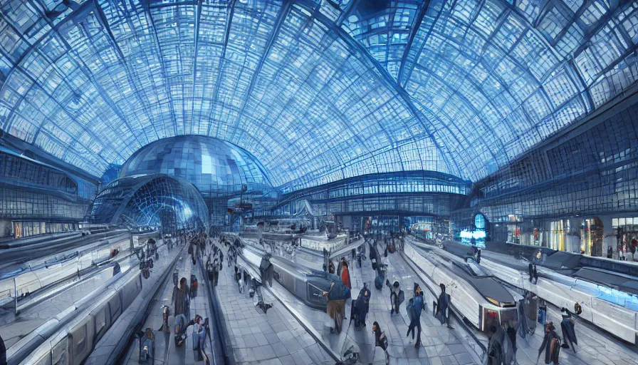 Prompt: futuristic brussels with futuristic train station under blue glass dome, volumetric light, crowded square, hyperdetailed, artstation, cgsociety, 8 k